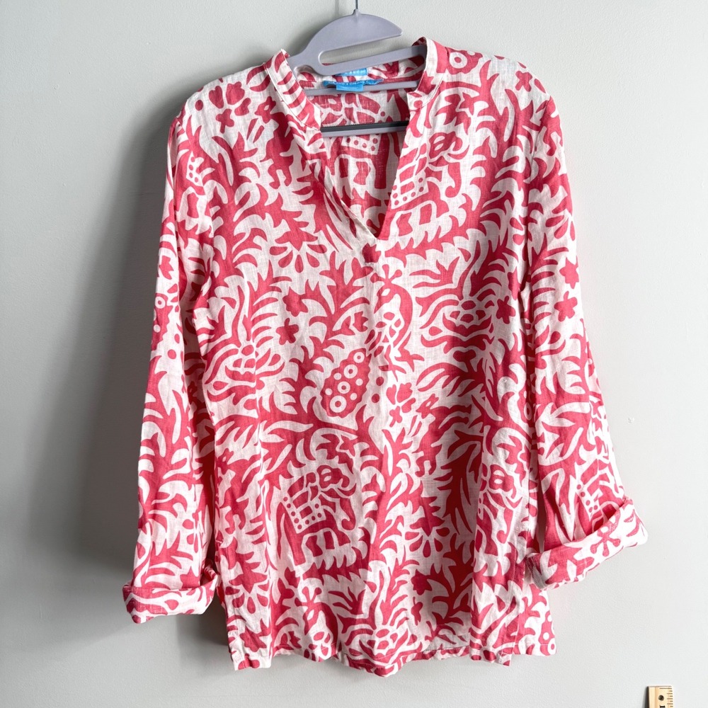 IslandCompany Pink MandarinBeach Tunic Womens M CoastalResort Tropical 100%Linen